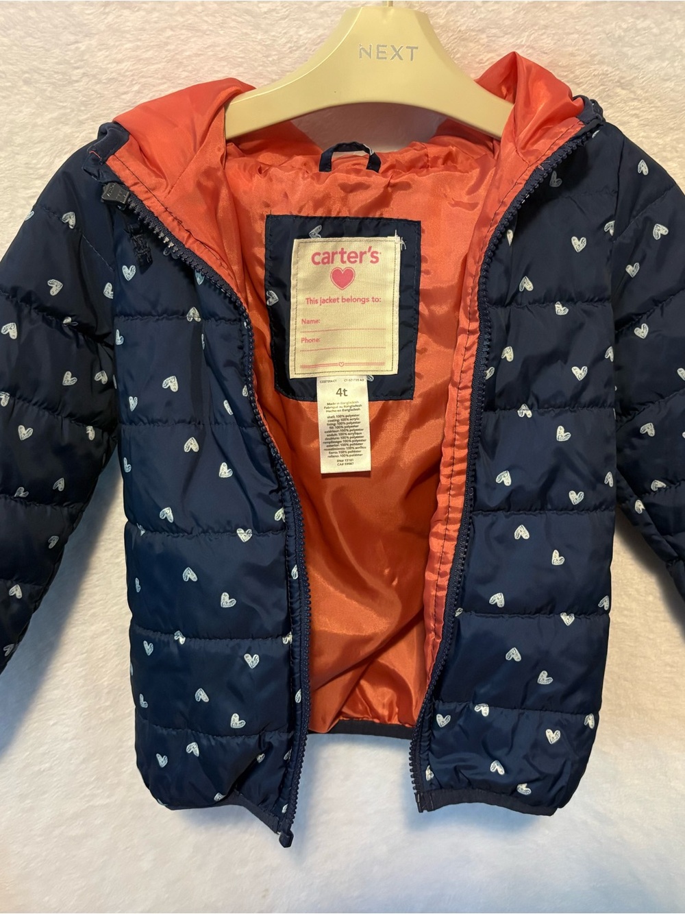 Carter's Navy Puffer Jacket with White Heart Print and Coral Lining